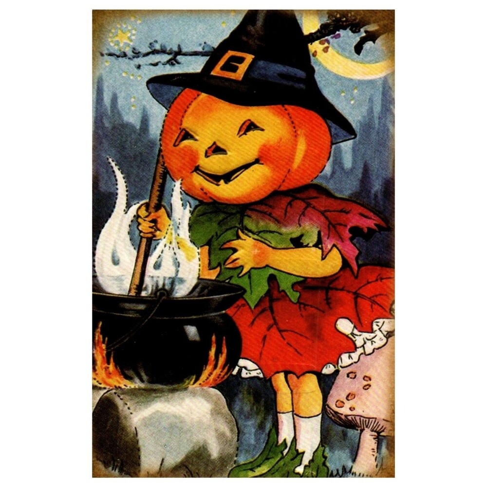 Vintage Style Halloween Postcard Pumpkin Head Witch Cauldron Ghosts Unused